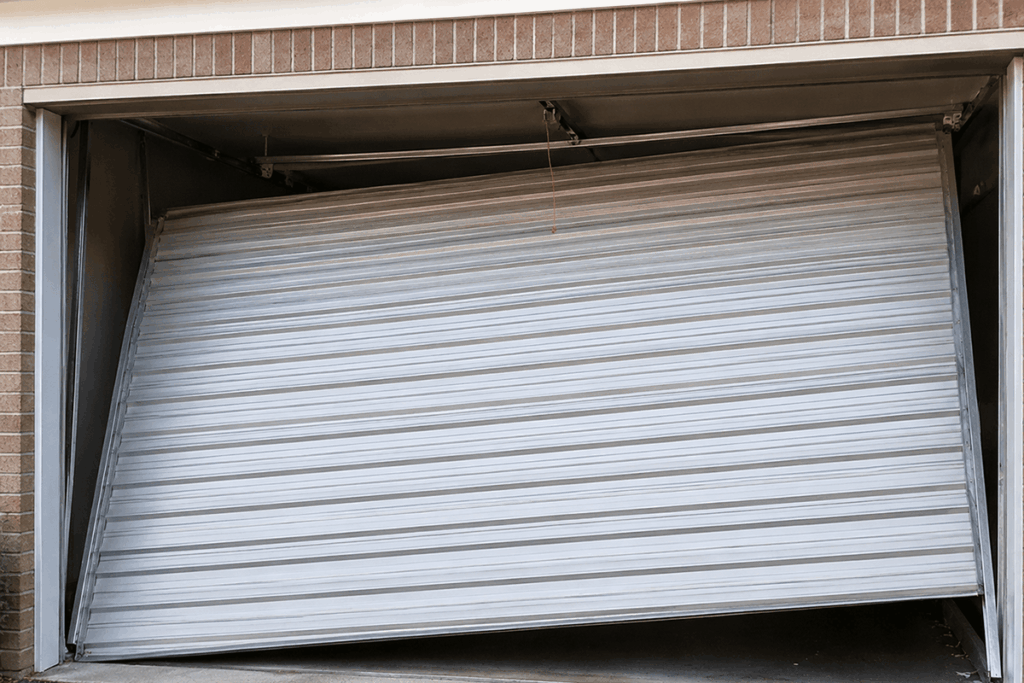 Garage door misaligned and off track demonstrating a common garage door repair issue